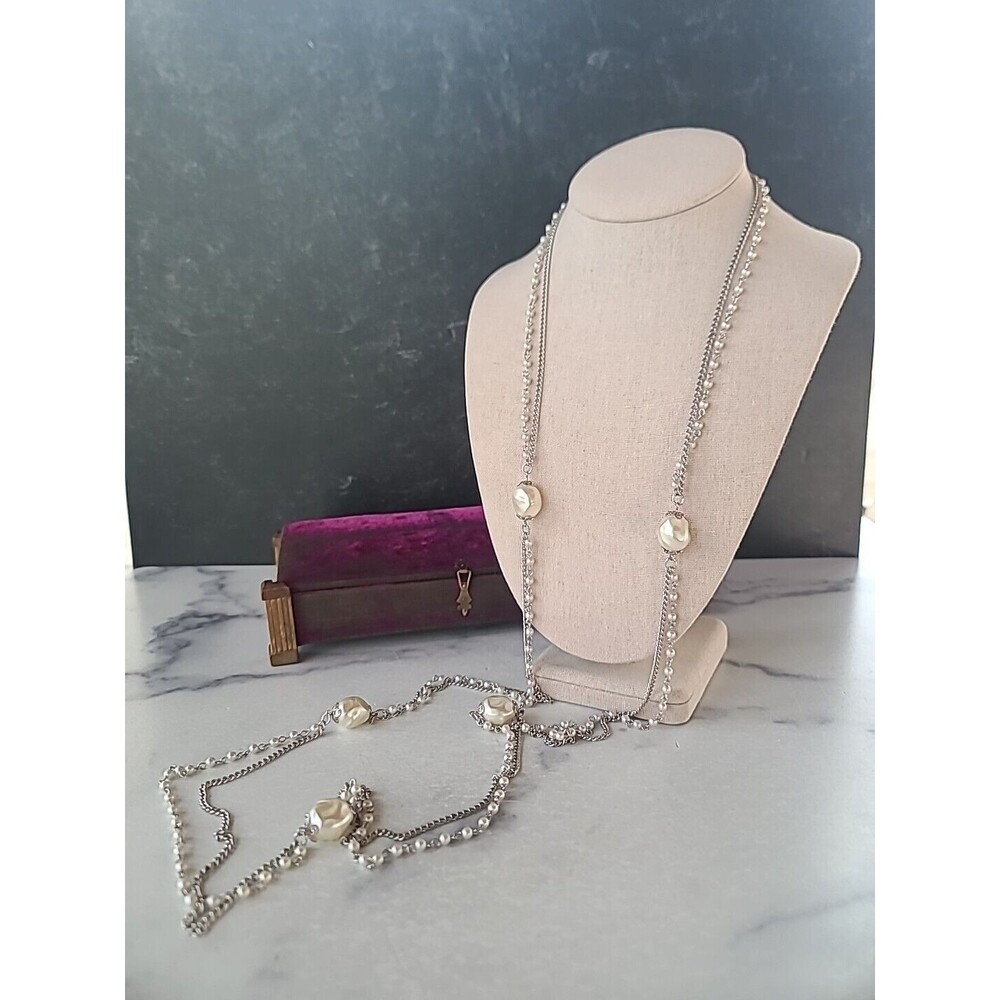 Faux Pearl Silver Tone Metal Multistrand Beaded Necklace Vintage